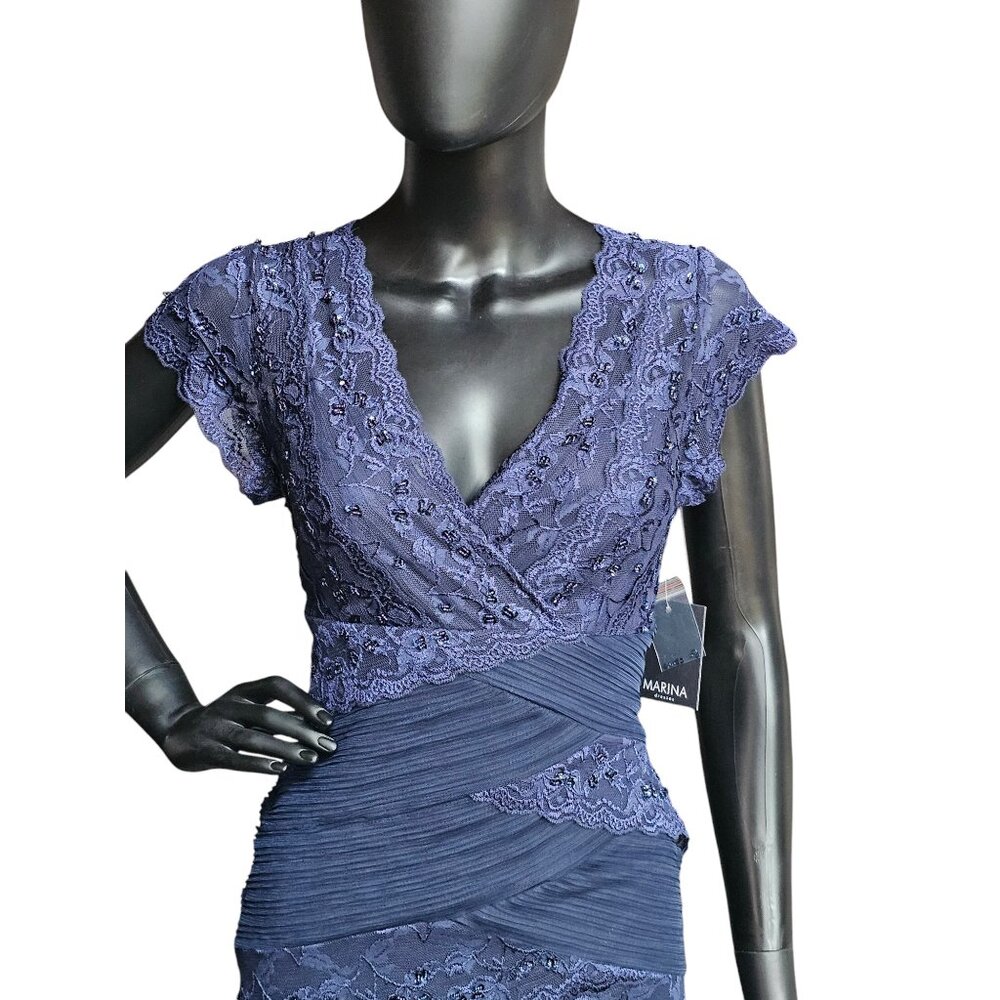 Navy Lace Tiered V-Neck Cap Sleeve Cocktail Dress - NWT - Marina - Picture 7 of 11